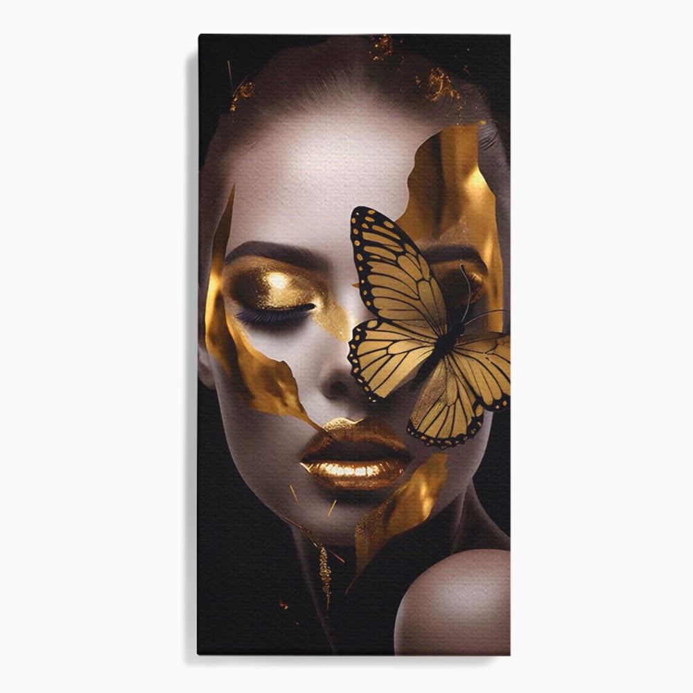 Tablou canvas cu tablou canvas cu portret de femeie si fluture auriu, fara rama, pe sasiu de lemn